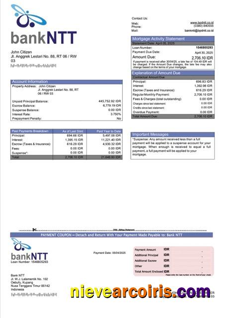 Indonesia Bank NTT mortgage statement Word and PDF template